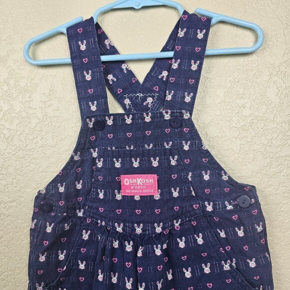 OshKosh B'gosh Girl 18 Months Vestbak Denim Overalls Bunny Rabbit Hearts Vintage - Picture 2 of 13